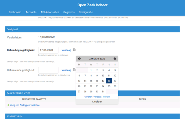 Configuration menu of OpenZaak displaying a date picker